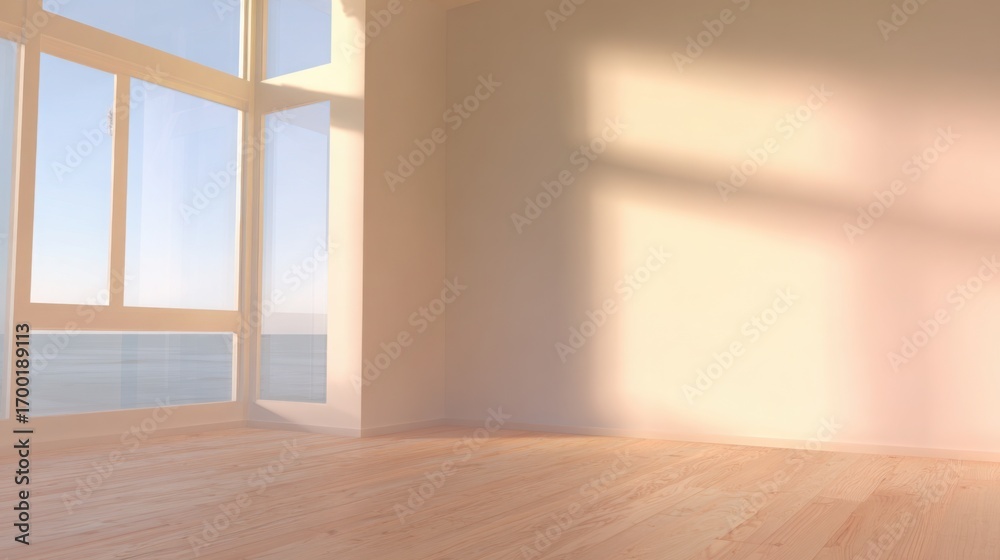 Fototapeta premium Minimalist empty room featuring a large window, filled with soft ambient daylight for a modern interior feel.