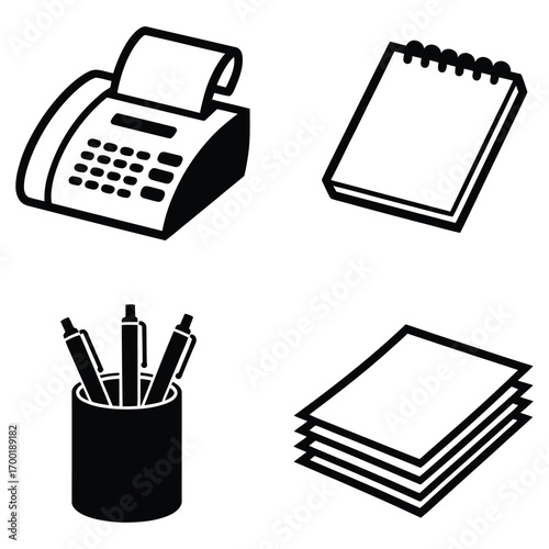 Office Supplies Vector Set Including Fax Machine Notepad Pens and Paper Stack on White Background