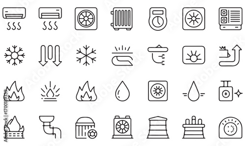 Minimal outline heating and cooling system icons, vector appliances for air conditioner, fan, thermostat, radiator, water heater, and ventilation