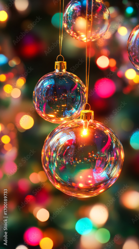 Fototapeta premium Beautifully illuminated glass ornaments hanging in a festive setting with colorful bokeh lights at night
