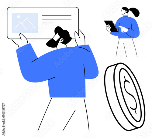 Person holding large digital content interface, woman using tablet, and coin suggest financial exchange or collaboration. Ideal for teamwork, finance, business, apps, e-learning, transactions simple