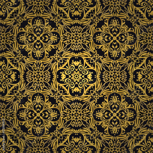 Ornate golden floral pattern with symmetrical dark background texture, patern seamless, Stock royalty free.