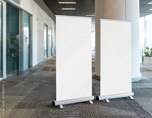 mockup of two roll up empty white standee banner in modern light office hall copy space