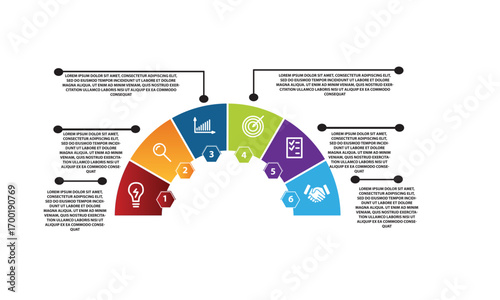 Collection of vector circle chart infographic templates for presentations, advertising, layouts, annual reports. 6 options, steps, parts	