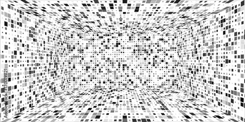 Futuristic perspective grid box. Abstract wireframe with white grid line on black background. Virtual reality landscape in 80s 90s digital style. Vector