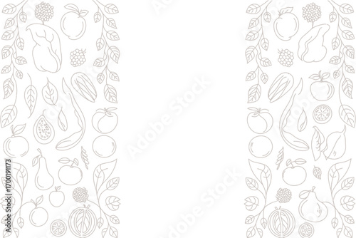 Outlines of fruits and leaves arranged vertically on both sides of a white background creating a border