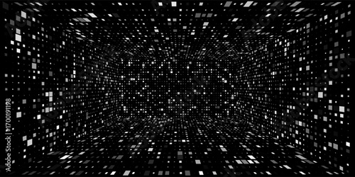 Futuristic perspective grid box. Abstract wireframe with white grid line on black background. Virtual reality landscape in 80s 90s digital style. Vector