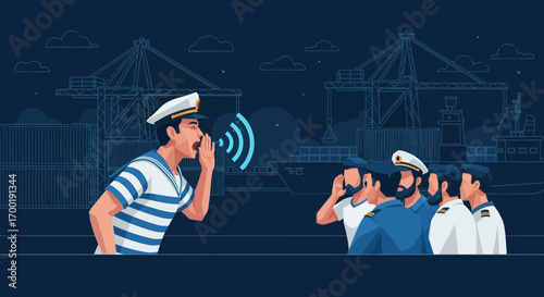 Vector illustration of a captain shouting orders to his crew at the harbor docks