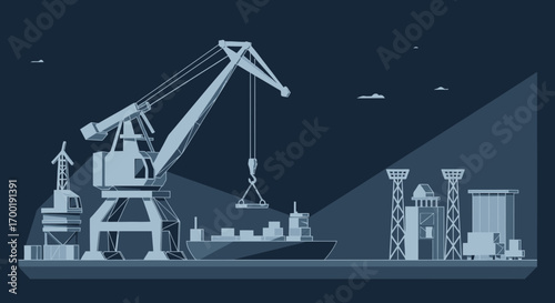 Vector illustration of a port loading cargo ship with a crane at night is depicted