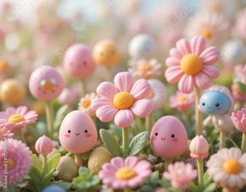 Whimsical pastel garden with cute smiling characters and blooming flowers