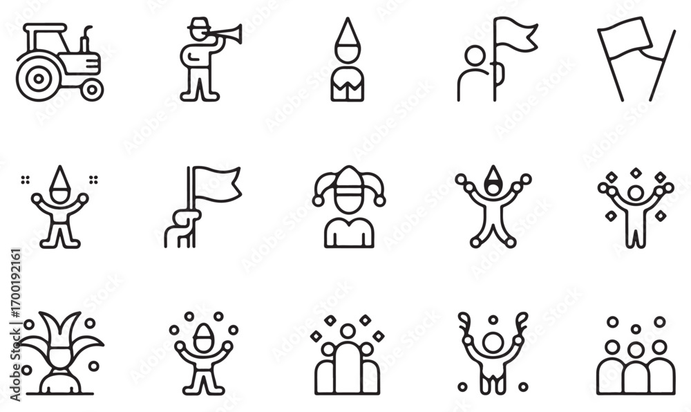 Obraz premium Collection of parade celebration icons, vector outline style with crowd, tractor, confetti, dancing people, and festival holiday symbols