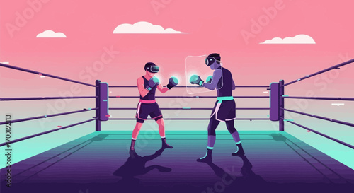 Virtual Reality Boxing Match: Futuristic Fighters Sparring in a Digital Ring with Advanced VR