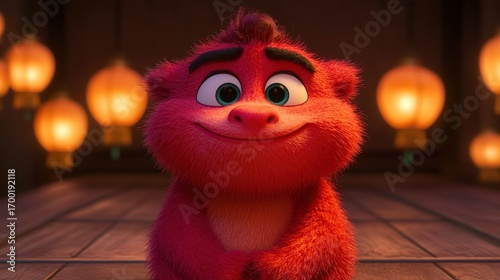 A cheerful, furry character with vibrant red fur and large blue eyes smiles warmly against a backdrop of glowing lanterns, ideal for family-friendly content, storytelling, or children's media,