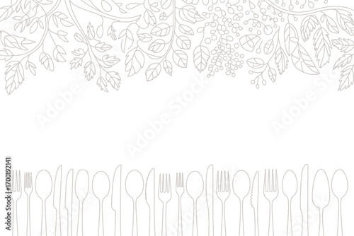Outline drawing of cutlery and leaves on a white background creating a decorative border design