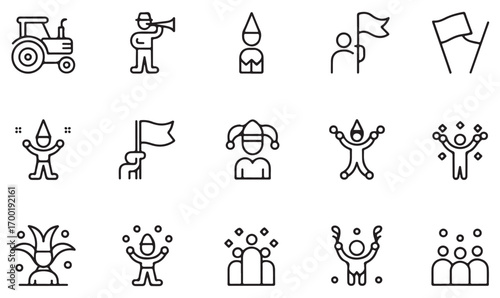Collection of parade celebration icons, vector outline style with crowd, tractor, confetti, dancing people, and festival holiday symbols