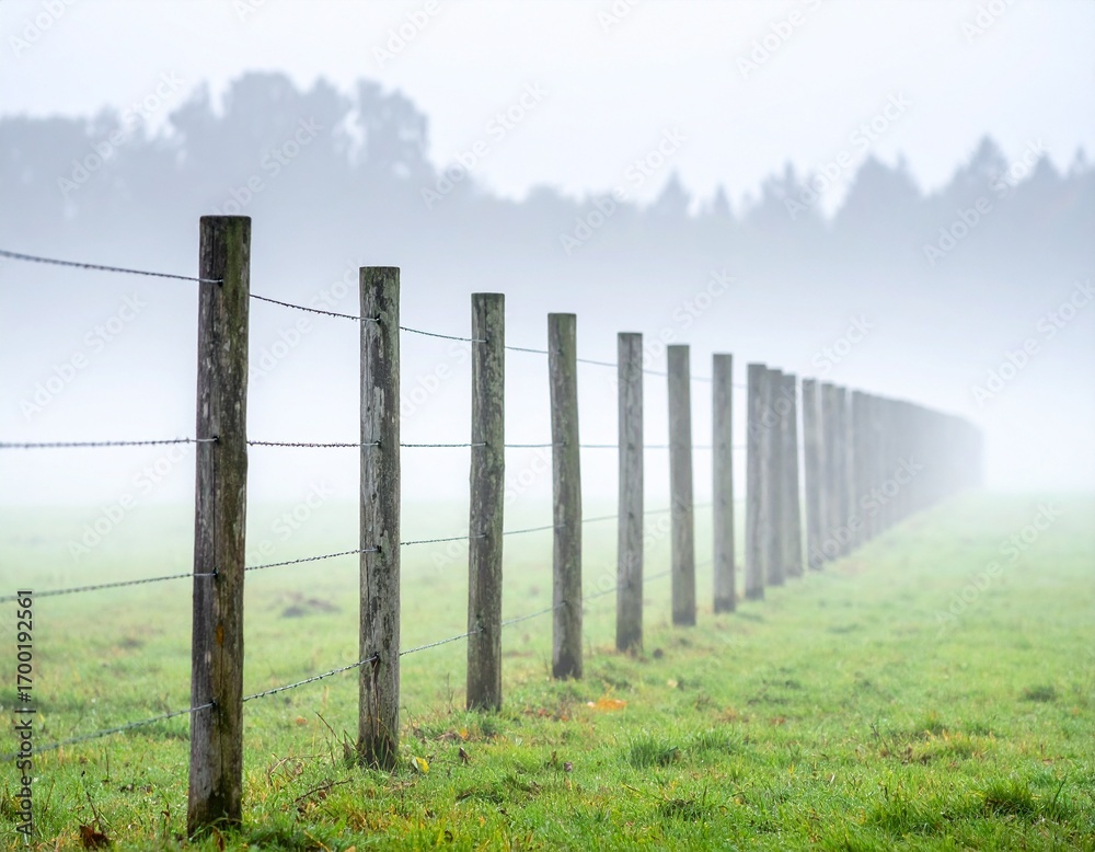 Obraz premium Foggy Field with Fence Posts