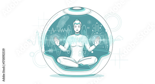 Woman in meditation pod amidst science visualizations exploring inner peace and technology balance