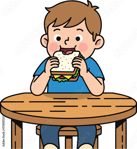 Cartoon illustration of a young boy eating a sandwich.