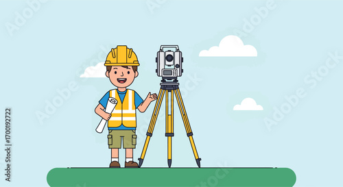 Cartoon Surveyor Boy with Theodolite Equipment Illustration.