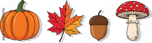 Collection of hand drawn autumn elements pumpkin leaf acorn and mushroom.