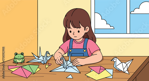 Creative young girl focused on making origami paper cranes.