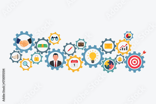 Business Strategy and Teamwork Icons Inside Gear Wheels