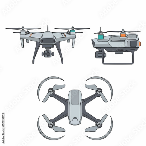 Drone illustrations set, quadcopter, vector illustration, aerial view, technology concept, isolated 