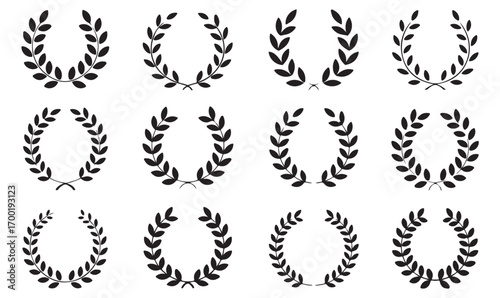 Outline and silhouette laurel wreath icons, honor and award symbols, recognition emblems, classical leaves of triumph, vector achievement set