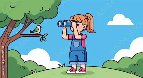 Cute Cartoon Girl with Binoculars Exploring Outdoors.