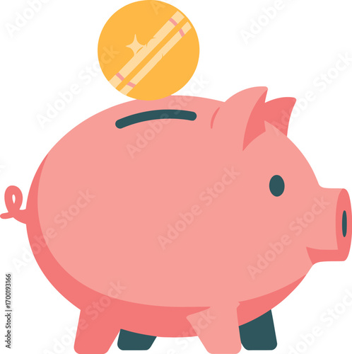 Cute pink piggy bank with a gold coin for savings.
