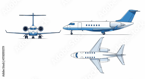 White Business Jet Airplane Vector Illustration Side Front Top Views Isolated