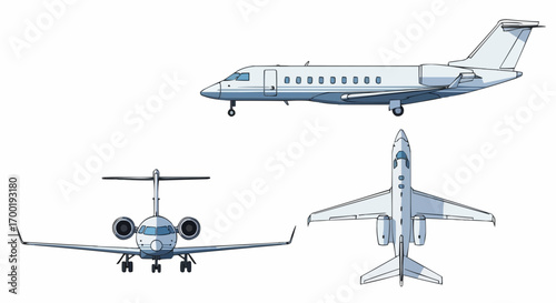 White Business Jet Airplane Vector Illustration Side Front Top Views Isolated