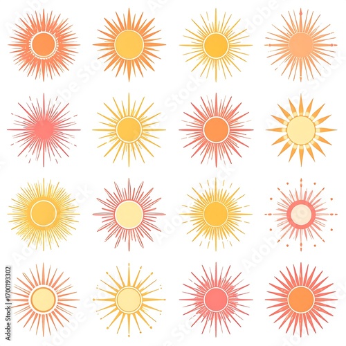 Simple, stylized sun icons in a variety of warm colors