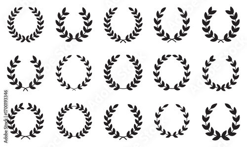 Vector laurel wreath icons, silhouette honor symbols, classical victory awards, triumph emblems, decorative leaves for recognition designs