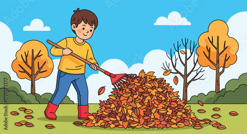 Happy Young Boy Raking a Large Pile of Autumn Leaves.