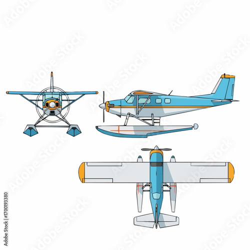 Seaplane Vector Illustration, Airplane Side View, Front and Top View, Blue and Orange