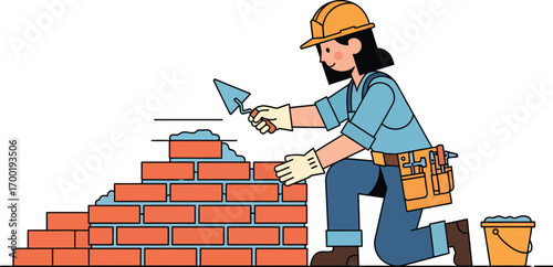 Illustrated female construction worker laying red bricks.