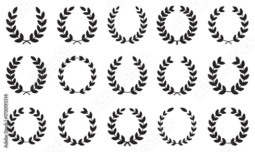 Set of black laurel wreath icons, vector decorative award symbols, recognition, honor, victory and triumph emblems for achievement graphics