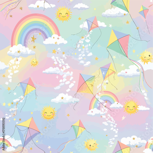Pastel sky seamless pattern with kites, rainbows and smiling suns illustration, seamless pattern, royalty free stock.