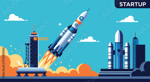 Stylized vector illustration of a rocket launching for a startup.