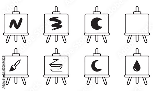 Minimal outline art icons, easel with brush and canvas, abstract creative design set, vector illustration for drawing, craft, and painting