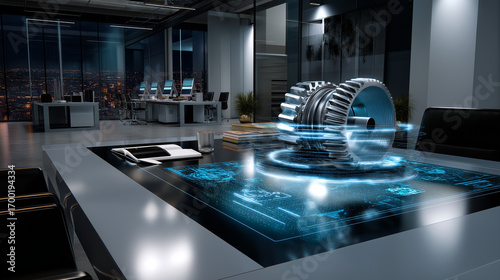 Futuristic engineering workspace: holographic turbine floating above digital table, space at top.