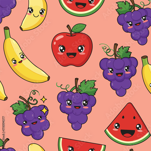 Playful fruit pattern featuring smiling bananas, grapes, apples, and watermelon, seamless pattern, Stock royalty free image.