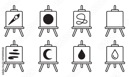 Easel and painting vector icons, outline art tools, abstract canvas shapes, creative hobby illustrations, artistic inspiration graphic elements