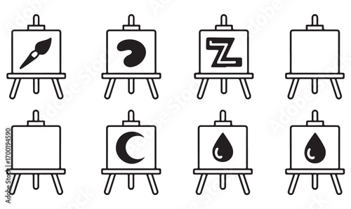 Abstract art easel vector set, canvas and brush icons, minimal outline drawings, creative design graphics for painting and inspiration themes