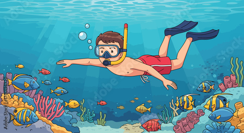 Young man in snorkeling gear swimming underwater cartoon.