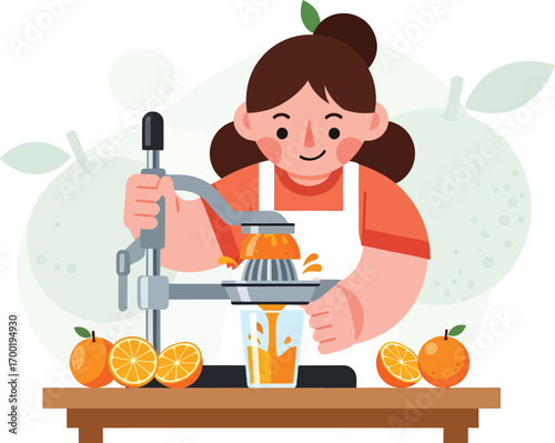 Young woman making fresh squeezed orange juice with a manual press.