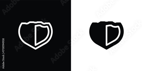 A modern shield-shaped vector illustration icon with a minimalist geometric style. This design features a symmetrical shape resembling a flower or abstract symbol, available in both solid and outline 