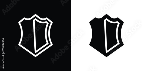 A modern shield-shaped vector illustration icon with a minimalist geometric style. This design features a symmetrical shape resembling a flower or abstract symbol, available in both solid and outline 