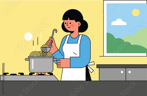 A cheerful woman in an apron cooking noodles in a pot.